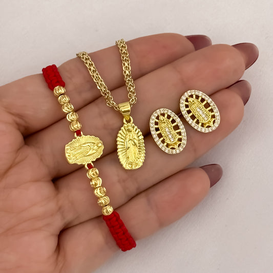 Cadena Tejido Chino de Dama de 45cm de 3mm + Virgen de Guadalupe Tallada + Topos Virgen de Guadalupe con Micro Circones + Pulsera Virgen de Guadalupe  en Balin italiano en Oro Laminado 18k con Garantia de por vida
