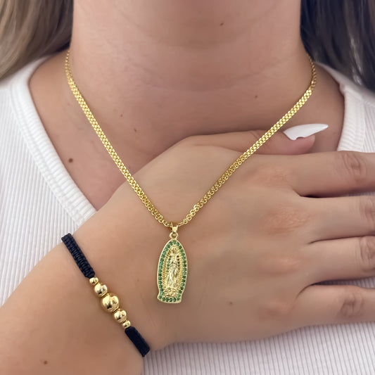 Cadena Tejido Chino de Dama de 45cm de 3mm + Virgen de Guadalupe con Micro Circones Verde Esmeralda + Pulsera
