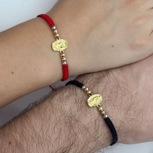 Promoción de Par de Pulseras para Pareja de Virgen de Guadalupe Talla en Balin Italiano 4mm en los 3 Oros  en Oro Laminado 18k Garantia de por vida