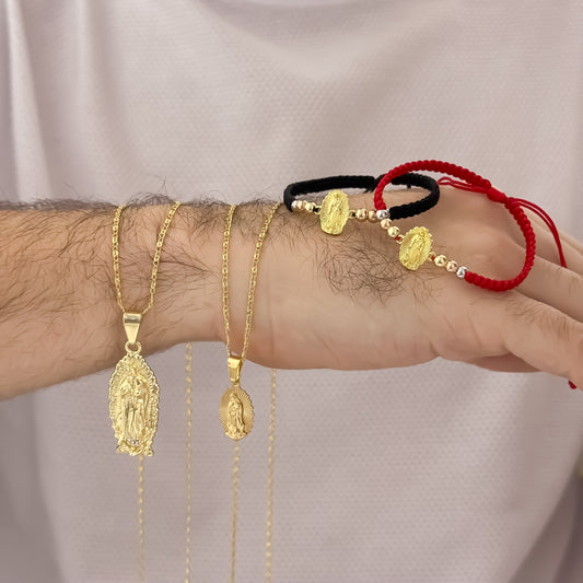 Promocion de Cadenas para Parejas en Tejido Carol de Dama 45cm  & Hombre 60cm  con De Gije de Virgen de Guadalupe Tallada + 2 Pulseras Tejida de  Virgen Guadalupe en Oro Laminado 18k con Garantía de por vida