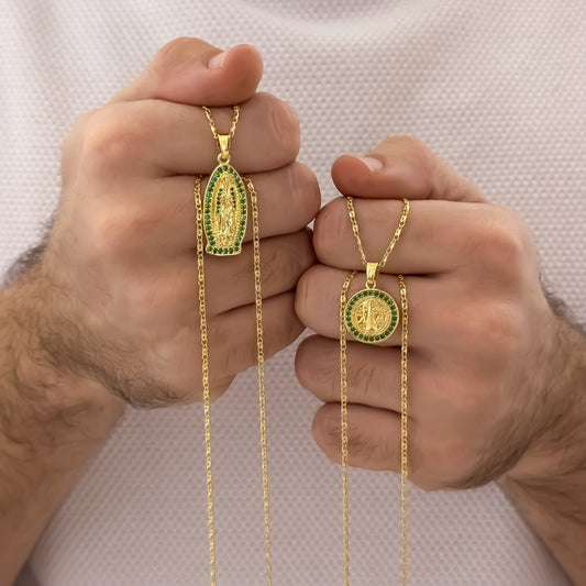 Promocion de Cadenas para Parejas en Tejido Caracol  Dama de 45cm + Dije  Virgen Guadalupe Verde Esmeralda  + Hombre 60cm + Die  San Benito Protección en Oro Laminado 18k con Garantia de por vida