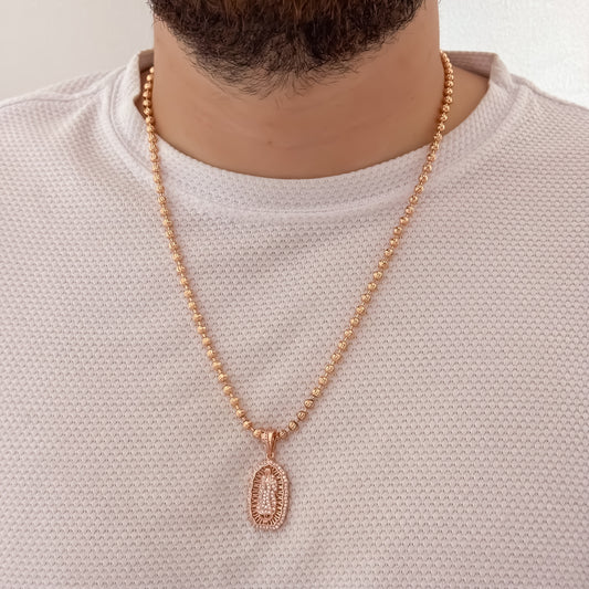 Cadena Tejido Militar Diamamtada de 60cm de 4mn + Virgen de Guadalupe tallada en Oro Rosa en Oro Laminado 18k con Garantia de por vida