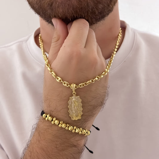 Cadena Tejido Gucci de Hombre de 60cm de 5mm + Virgen de Guadalupe con Micro Circones Cristales + Pulsera Doble Carril en Balin Italiano 6mm en Oro Laminado 18k con Garantía de por vida