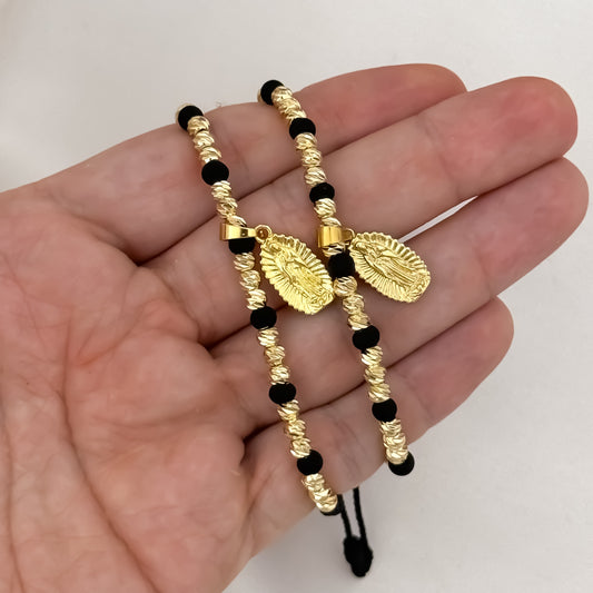 2 Pulseras para parejas con Dije de Virgen Guadalupe el Amuleto Protector de toda nuestras males Energias en Balin italiano de 6mm en oro Laminado 18k con Garantia de por vida