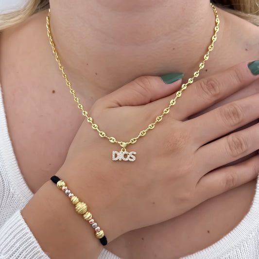 Cadena Tejido Gucci de Dama de 45cm de 3mm de Grosor + Dije de Dios con micro circones + Pulsera Balin Italiano de 3oros en oro Laminado 18k con Garantía de por vida