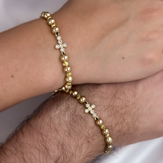 Pulseras para Parejas Balín Italiano 4mm + Liso de 6mm  con Cruz Micro Circones Cristales en Oro  Laminado 18k con Garantía de por vida