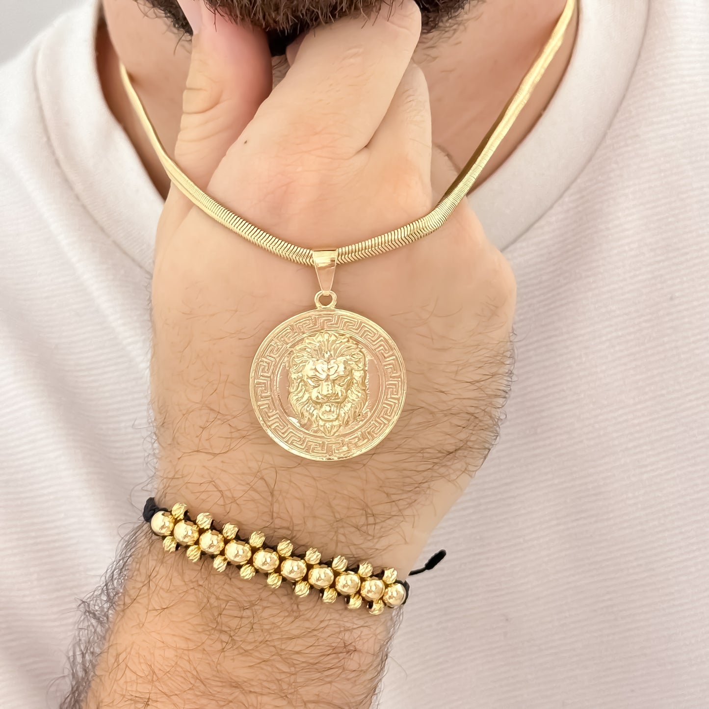 Cadena Tejido Serpiente gruesa de 60cm de 5mnm de grosor + Dije de Leon Tallado + Pulsera balin Liso y  Italiano de 4mm y 6mm en Oro Laminado 18k con Garantia de ´por vida