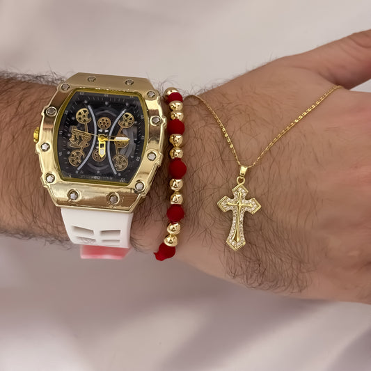 Cadena Caracol de Hombre de 60cm de 2mm + Cruz Micro Circones Cristales + Pulsera Balin Italiano de 4mm + Reloj Hombre Richard en Oro Laminado 18k con Garantia de por vida