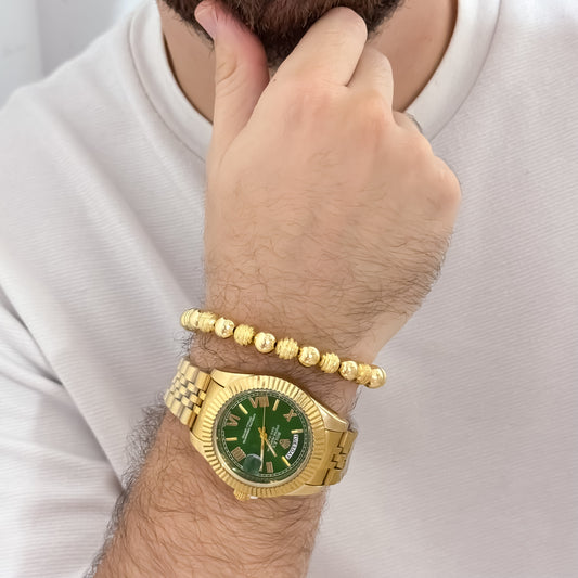 Reloj de Caballero Amariilo Rolex Fondo Verde Esmeralda + Pulseras Lisa y Diamantada en Oro Laminado 18k con Garantia de por vida