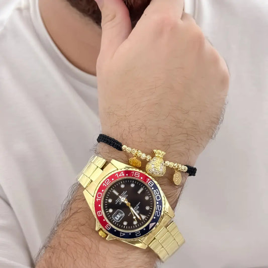 Manilla Abundancia Y Proteccion de San Miguel y San Benito  Balin italiano de 4mm con bolsa de dinero en Oro Laminado 18k con Garantia de por vida + Reloj de Alta Gama en oro laminado 18k con garantia de por vida