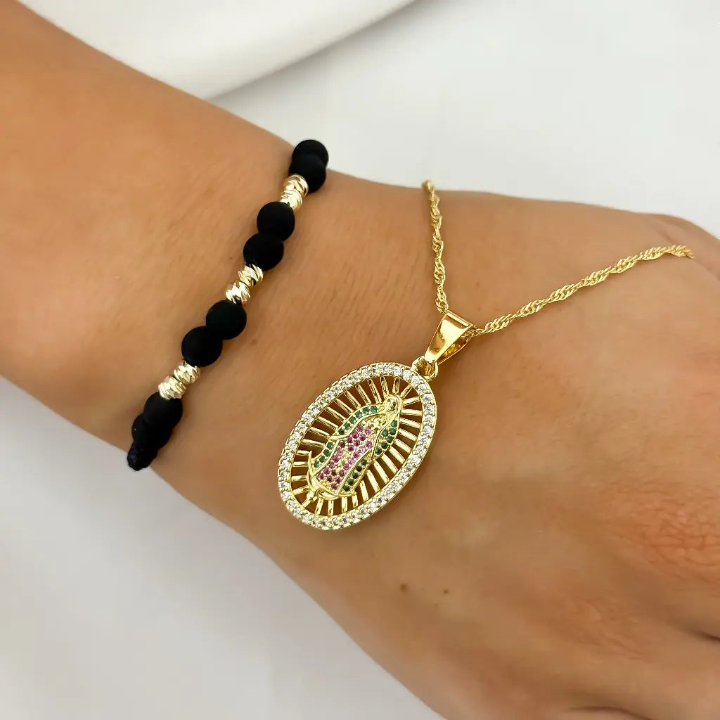 conjunto de Cadena Tejido Singapur + Virgen Guadalupe de Circones verde + Pulsera balin Italiano en Oro Laminado 18k con Garantia de por vida
