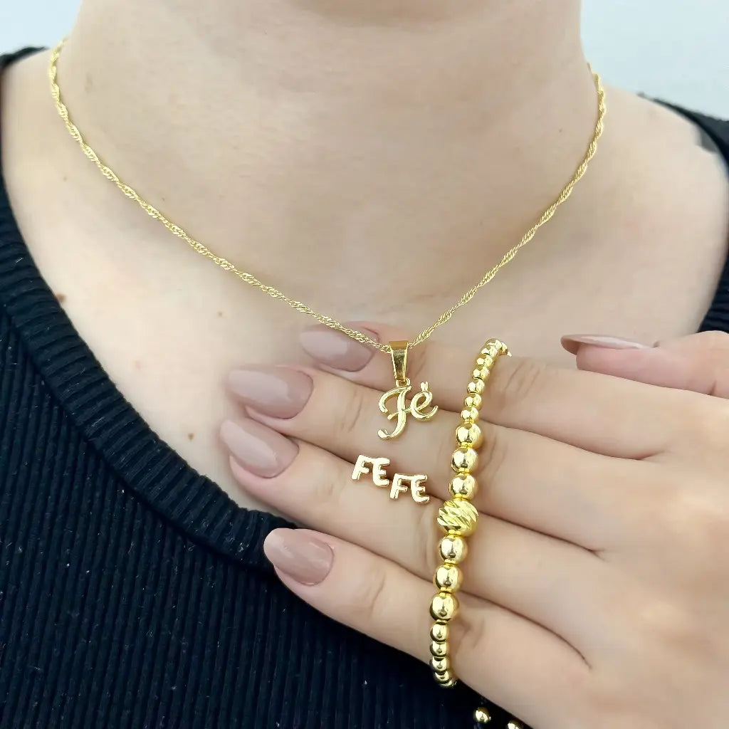 Conjunto FE para Dama Cadena + Dije Fe + Topo Fe + Manilla de 4mm en Oro Laminado 18k con Garantia de por vida