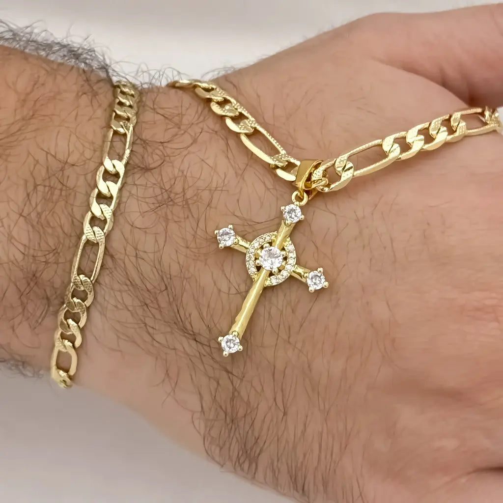 Caden Tejido Catier Gruesa  de 60cm de 5mm de Grosor + Cruz Trebol de micro circones + Pulsera Catier de 20cm de 5mm de Grosor en Oro Laminado 18k con Garantia de por vida