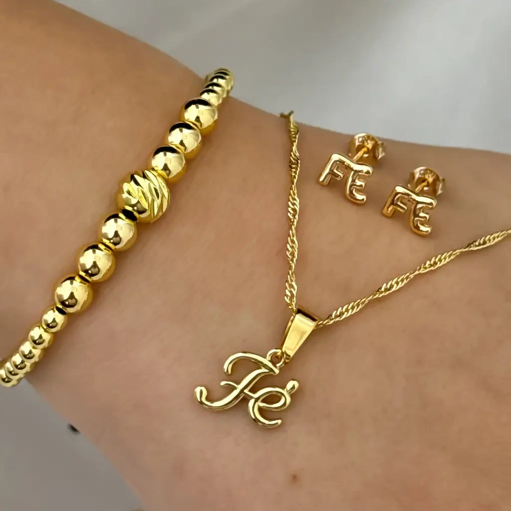 Conjunto FE para Dama Cadena + Dije Fe + Topo Fe + Manilla de 4mm en Oro Laminado 18k con Garantia de por vida
