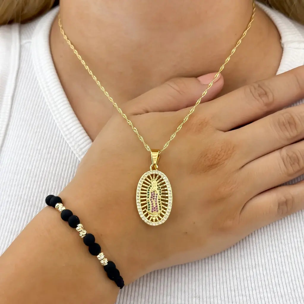 conjunto de Cadena Tejido Singapur + Virgen Guadalupe de Circones verde + Pulsera balin Italiano en Oro Laminado 18k con Garantia de por vida