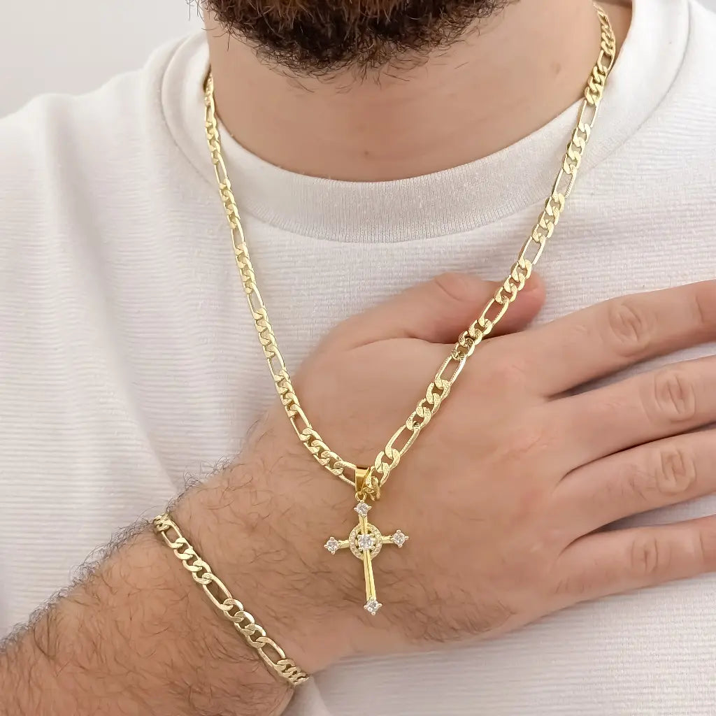 Caden Tejido Catier Gruesa  de 60cm de 5mm de Grosor + Cruz Trebol de micro circones + Pulsera Catier de 20cm de 5mm de Grosor en Oro Laminado 18k con Garantia de por vida