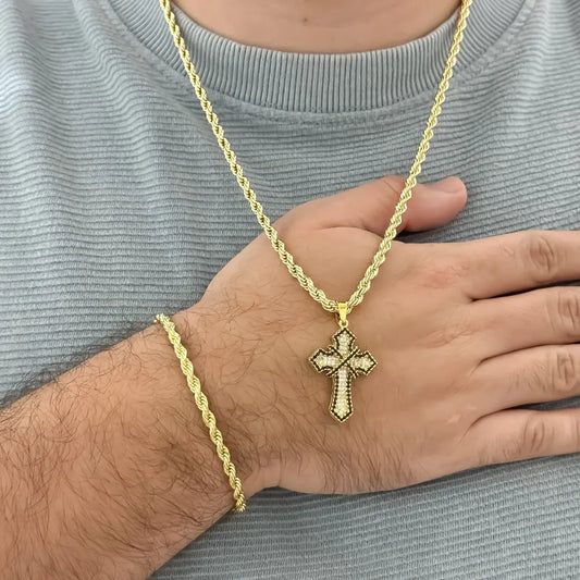 Conjunto Lazo de Cadena de Hombre Gruesa de 60cm + Cruz Micro Circones Negro + Pulsera de 20cm gruesa en Oro Laminado 18k con Garantia de por vida
