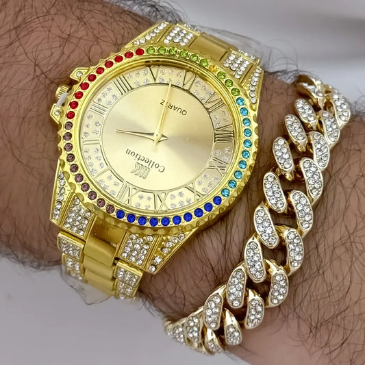 Reloj de Alta Gama Tipo Rolex con micro Circones de Colores + Pulsera Cubana de 20cm con Micro circones en Oro Laminado 18k con garantia de por vida