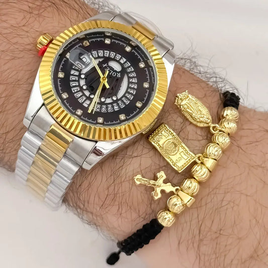 Pulsera de Abundancia y Protección Balin Italiano de 6mm  de Virgen Guadalupe + Billete de Dolar + Cruz Trebol en Oro Laminado 18k con Garantia de por vida + Reloj Rolex de Hombre con Garantia
