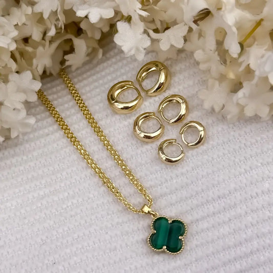 Cadena Tejido Chino de Dama de 45cm + Dije Trebol Verde de Suerte + Trio de candongas x 3 pequeñas Mediano y Grande en Oro Laminado 18k con Garantia de por vida