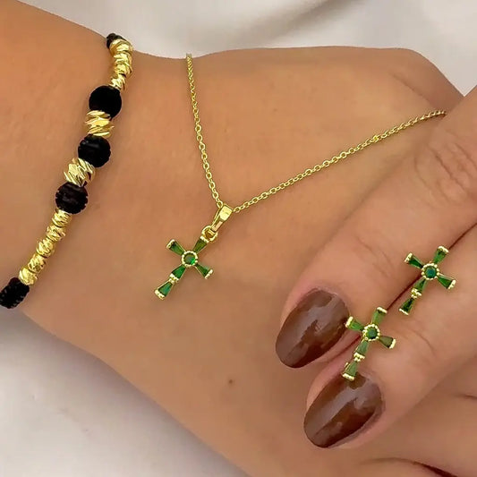 Cadena Tejido Aros de 45cm de Dama + Cruz Verde Esmeralda  + Topos Cruz Verde Esmeralda  + Pulseras balin Italiano de 4mm en Oro Laminado 18k con Garantia de por vida