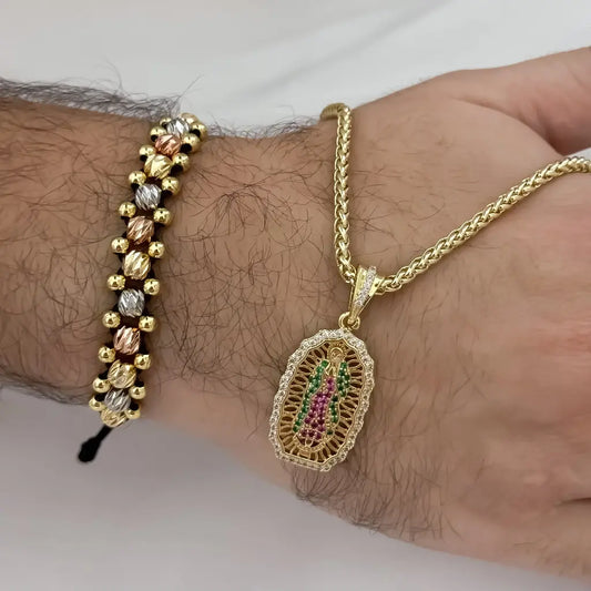 Cadena Lazo de 6ocm de 3mm de Grosor + Dije de Virgen de Guadalupe Proteccion  + Pulsera de 3 Carriles en Oro Laminado 18k con Garantia de por vida