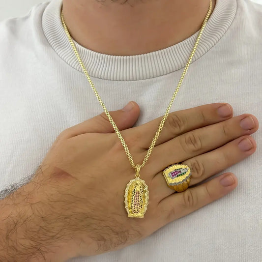 Conjunto de Virgen Guadalupe Talla de Colores Cadena + Virgen + Anillo de Virgen Guadalupe en Oro laminado 18k con Garantia de por vida