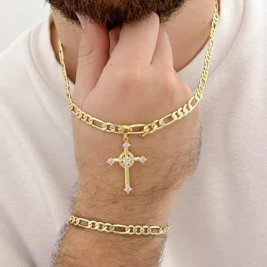 Caden Tejido Catier Gruesa  de 60cm de 5mm de Grosor + Cruz Trebol de micro circones + Pulsera Catier de 20cm de 5mm de Grosor en Oro Laminado 18k con Garantia de por vida