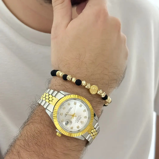 Reloj Rolex de Alta calidad en Color Oro Blanco con Oro Amarrilo + Pulsera de San Benito Proteccion  Balin Italiano 5mm en Oro Laminado 18k con Garantia de por vida