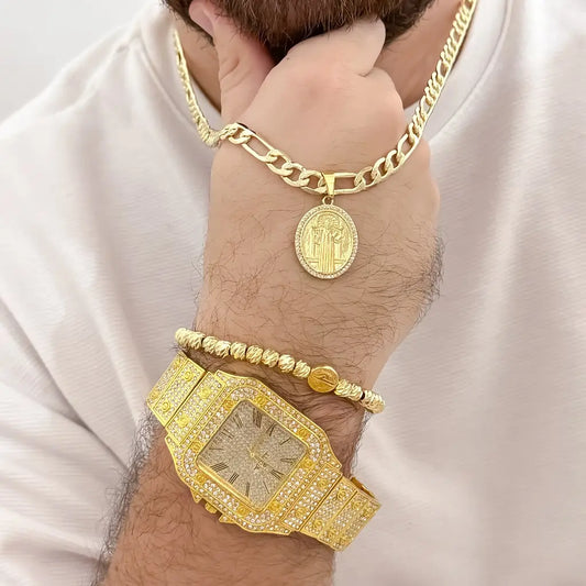Conjunto de cadena Tejido Catier de Hombre Gruesa de 60cm de 5mm de Grosor + Dije de San Benito Proteccion + pulsera Balin italiano de 5mm San Benito + Reloj de Alta gama Tipo Catier en oro laminado 18k con garantia de por vida
