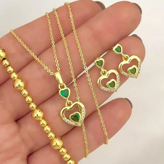 conjunto de Cadena Tejido Aros + Corazon  Verde Esmeralda + Topos Corazon + Pulsera balin 4mm en oro Laminado 18k con Garantia de por vida