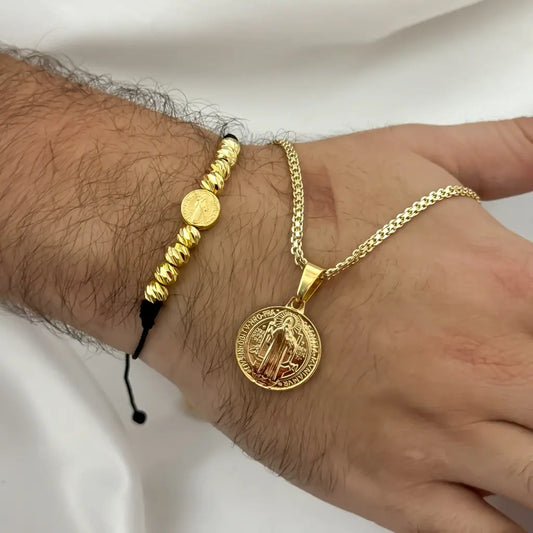 Amuleto San Benito Proteccion Cadena Tejido Chino 60cm -3mm de Grosor + Dije San Benito Redondo + Pulsera Balin italiano 4mm san Benito en Oro Laminado 18k con Garantia de por vida