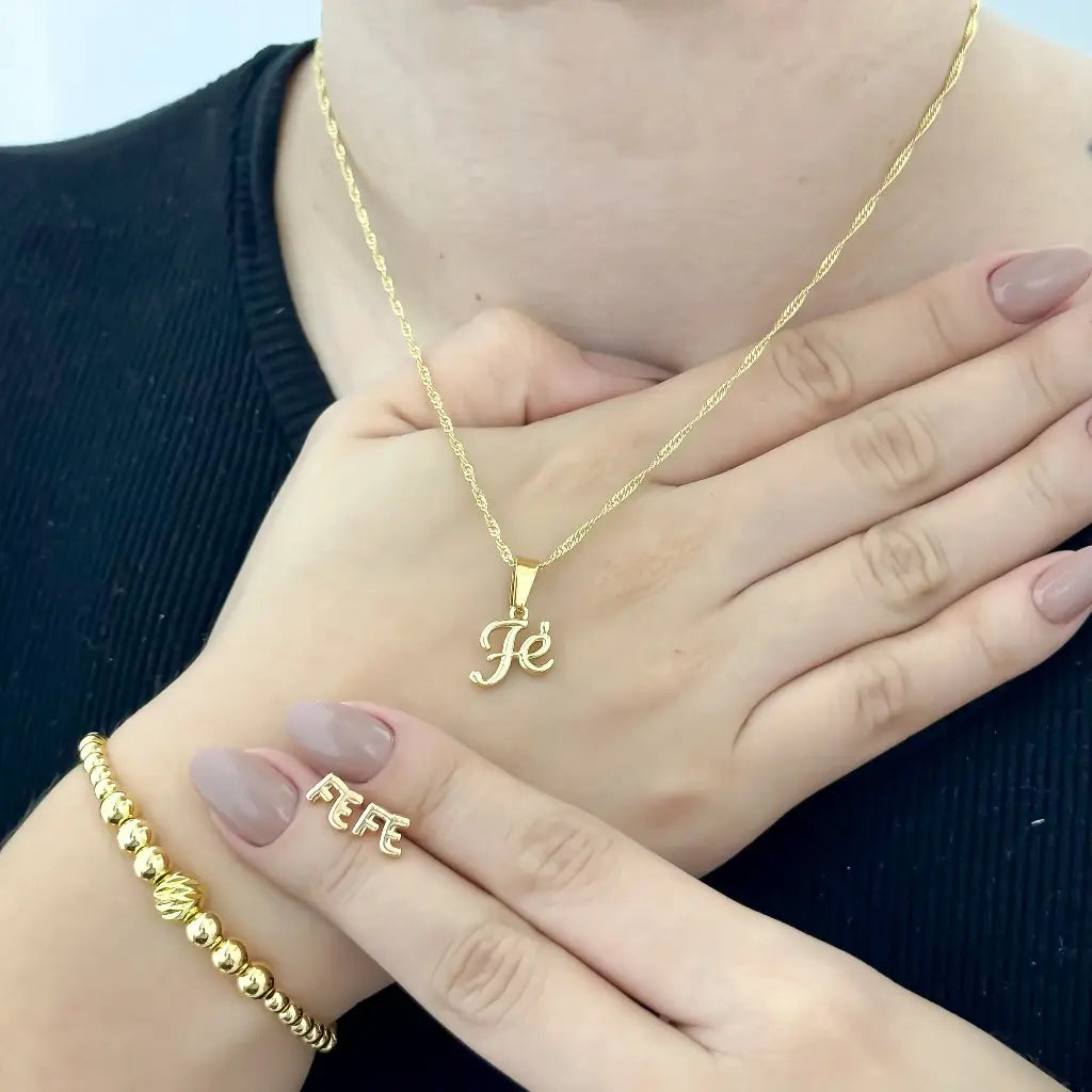Conjunto FE para Dama Cadena + Dije Fe + Topo Fe + Manilla de 4mm en Oro Laminado 18k con Garantia de por vida