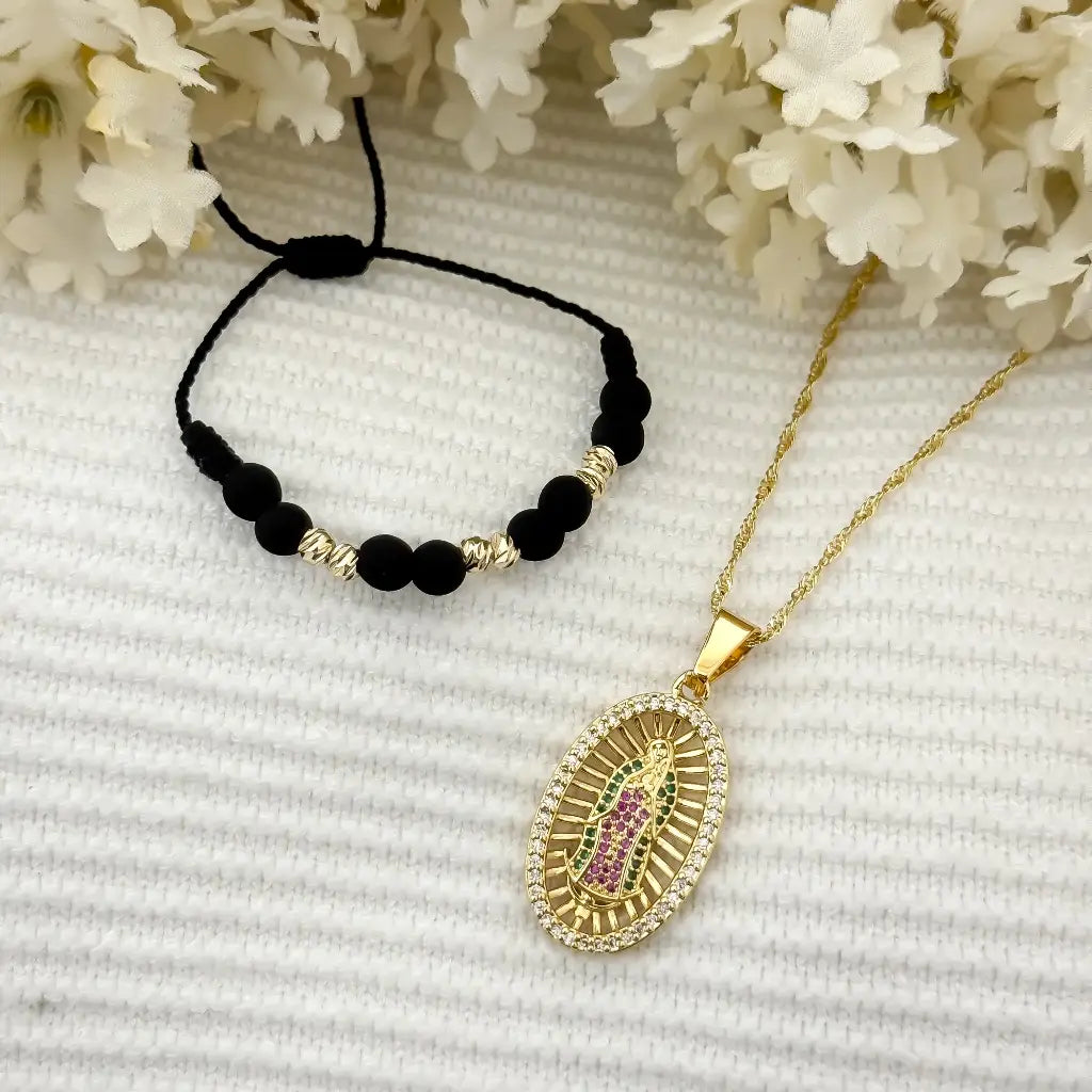 conjunto de Cadena Tejido Singapur + Virgen Guadalupe de Circones verde + Pulsera balin Italiano en Oro Laminado 18k con Garantia de por vida