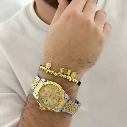 Pulsera  Abundancia y Proteccion - Dolar en Oro Laminado 18k con Garantia de por vida + Reloj Rolex Replica 1.1 con Garantia de por vida